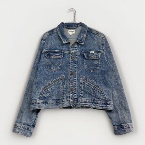 Y2K Wrangler Blue Denim Jean Jacket Women’s XL Trucker Distressed Pockets